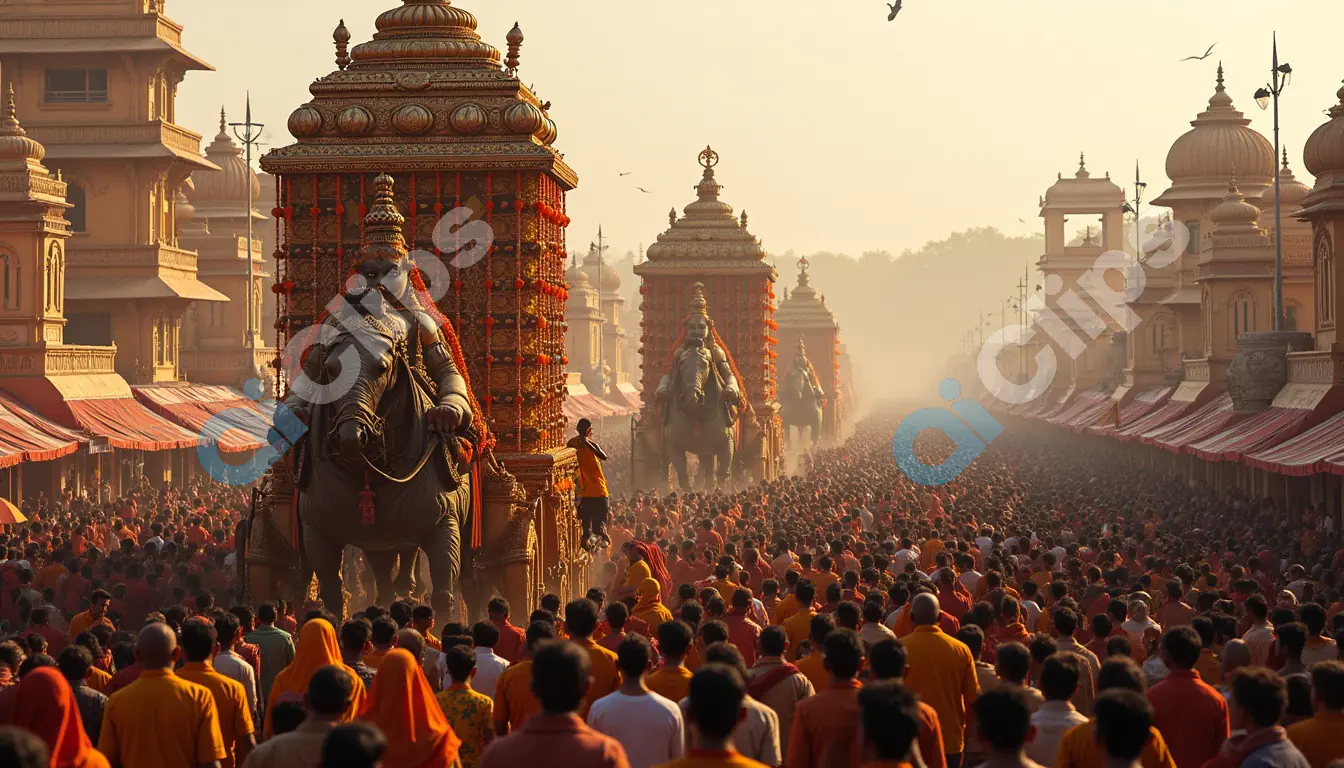 Grand Indian Temple Procession with Majestic Elephants