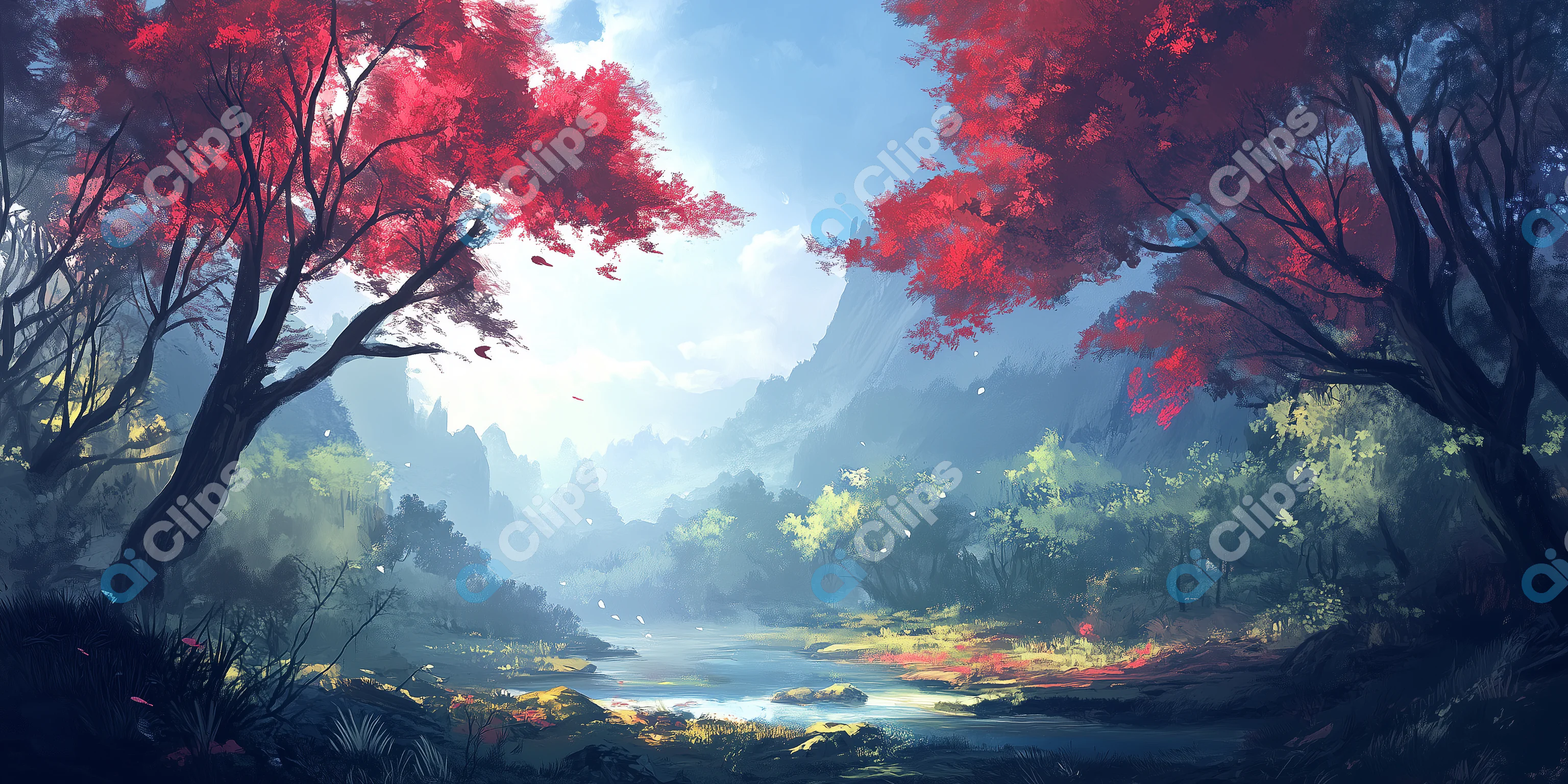 Tranquil Forest with Red Trees
