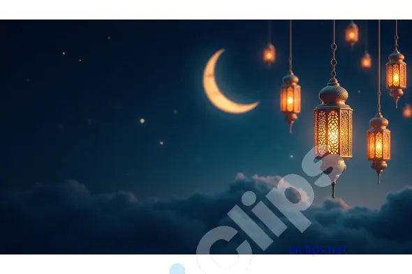 Ramadan Lanterns with Crescent Moon in Night Sky