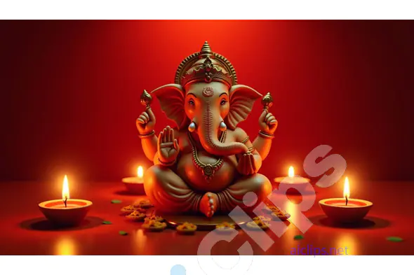 Ganesh Idol with Diya Lamps and Flower Petals on Red Background