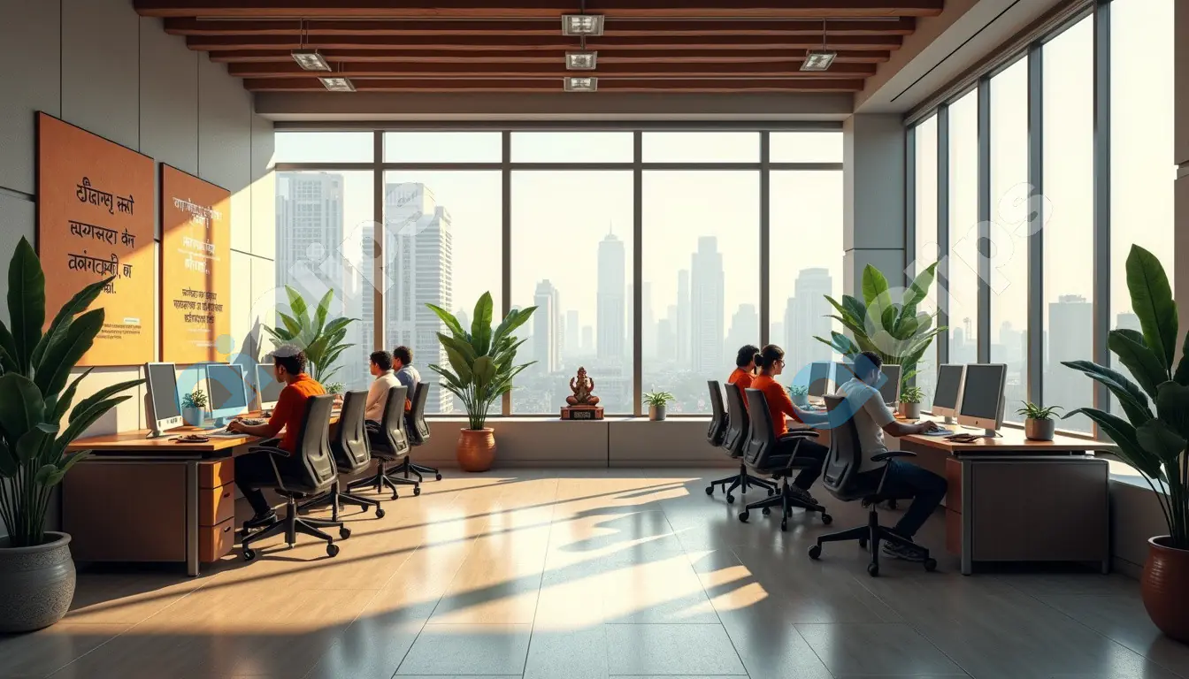 Bright Open Office with Urban Skyline View and Spiritual Decor
