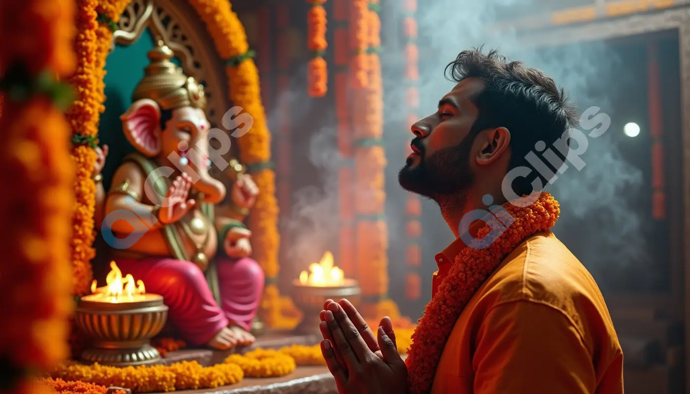 Devotee Praying to Lord Ganesha in a Sacred Temple