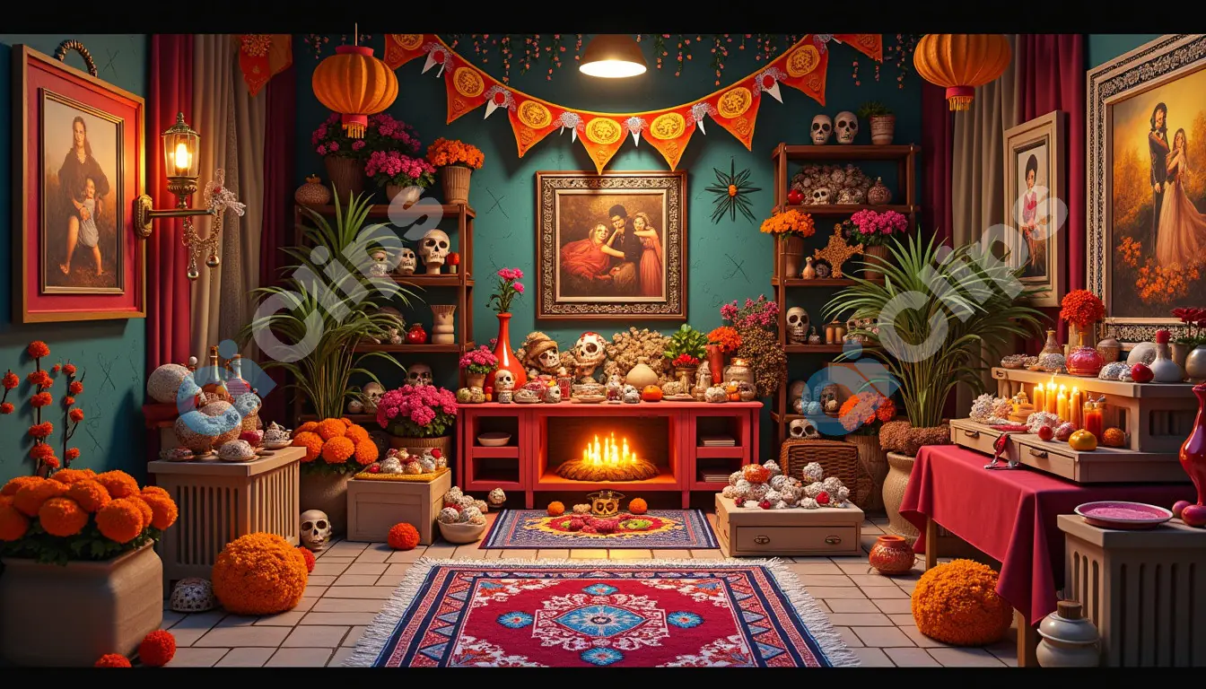 Vibrant Day of the Dead Altar with Decorative Offerings
