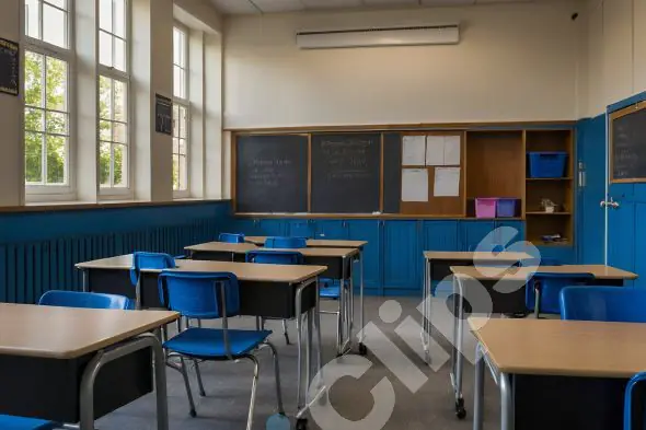 Empty Classroom with Blue Chairs