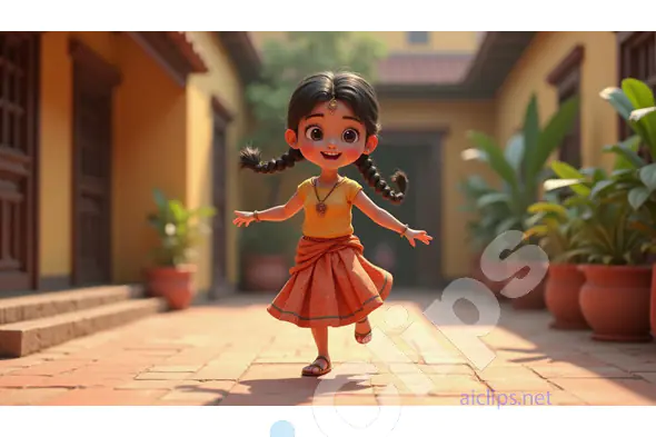 Joyful Village Girl Running in Courtyard - 3D Illustration