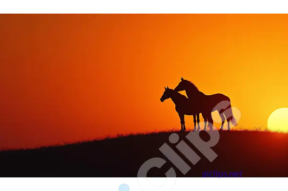 Silhouetted Horses at Sunset on a Ridge