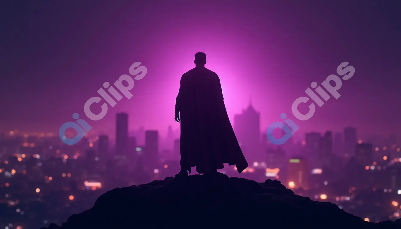 Superhero Silhouette Overlooking City at Night