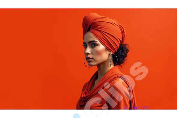 Stylish Woman in Orange Turban and Earrings on Vibrant Background