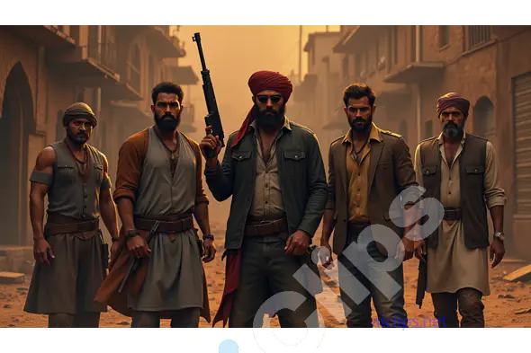 Cinematic Group of Warriors in Traditional Attire
