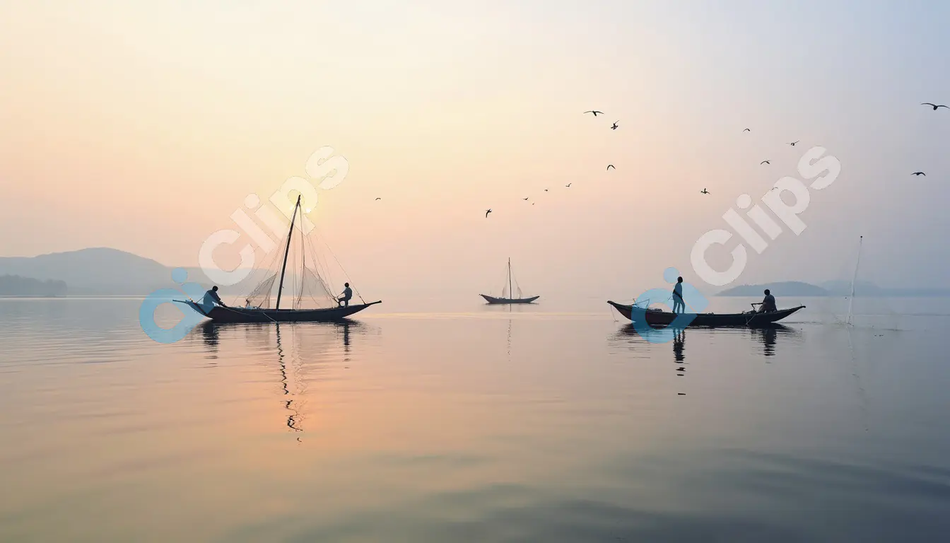 Traditional Fishermen on a Calm Lake at Sunrise