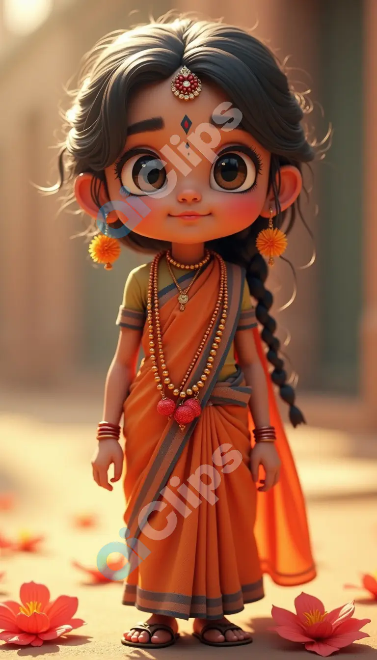 Adorable Cartoon Indian Girl in Traditional Orange Saree with Floral Accents