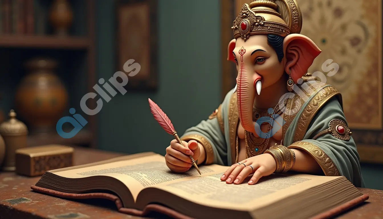 Lord Ganesha Writing with a Quill – Symbol of Knowledge and Wisdom