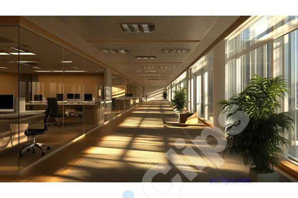 Modern Office Hallway with Glass Walls