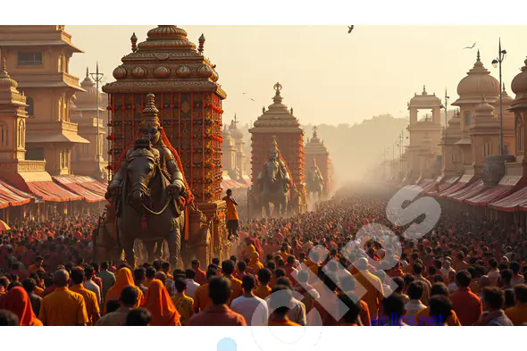 Grand Indian Temple Procession with Majestic Elephants