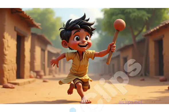 Joyful Village Boy Running with Traditional Toy - 3D Illustration