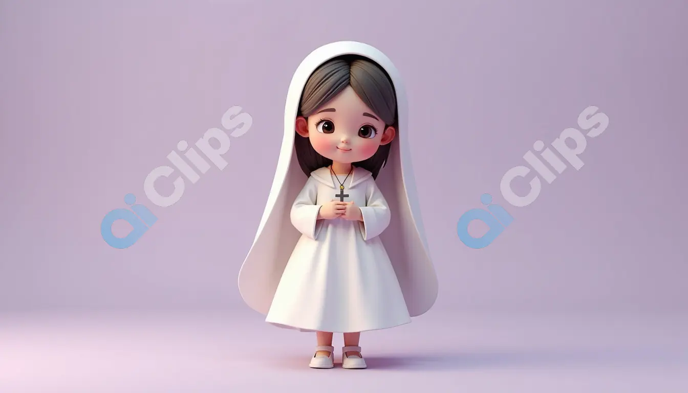 Cute Cartoon Nun in White Habit on Pastel Background