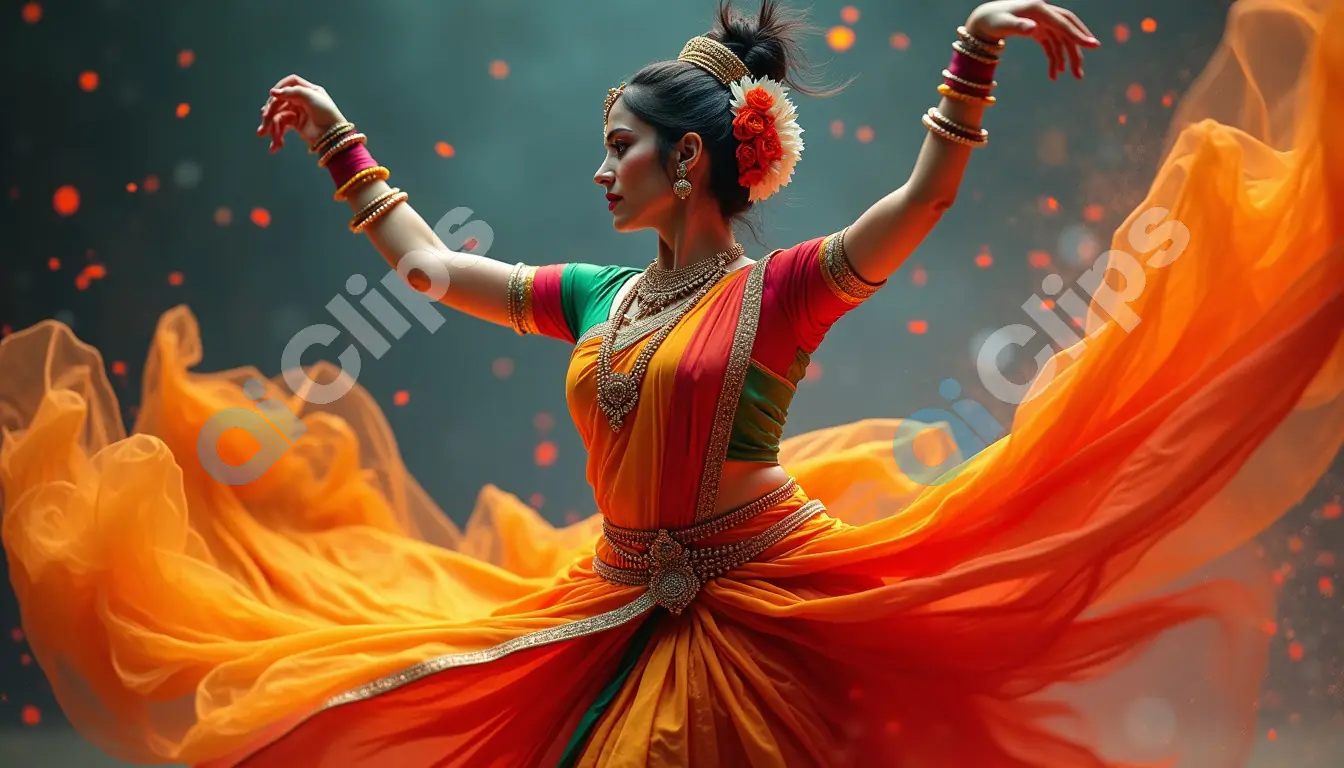 Elegant Indian Dancer in Vibrant Orange Sari - Classical Dance Performance