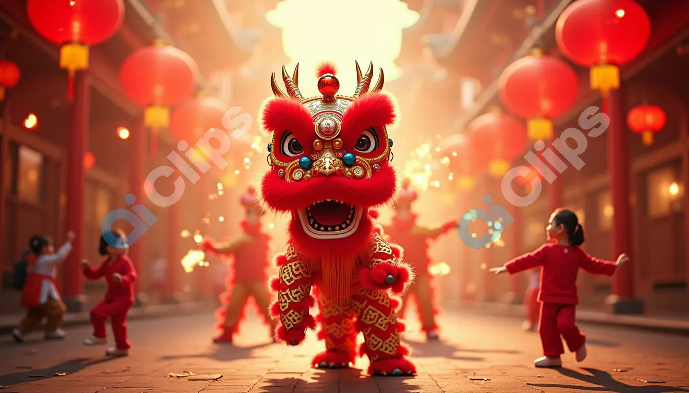 Vibrant Lion Dance Performance at Chinese New Year Festival