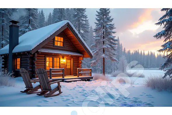 Warm Log Cabin in Snowy Winter Forest at Sunset