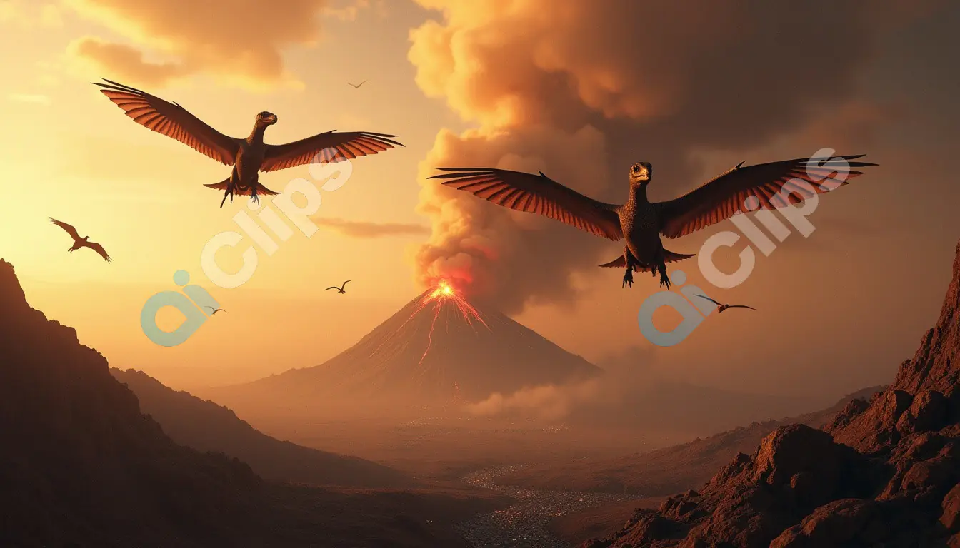 Prehistoric Birds Soaring Over an Erupting Volcano at Sunset