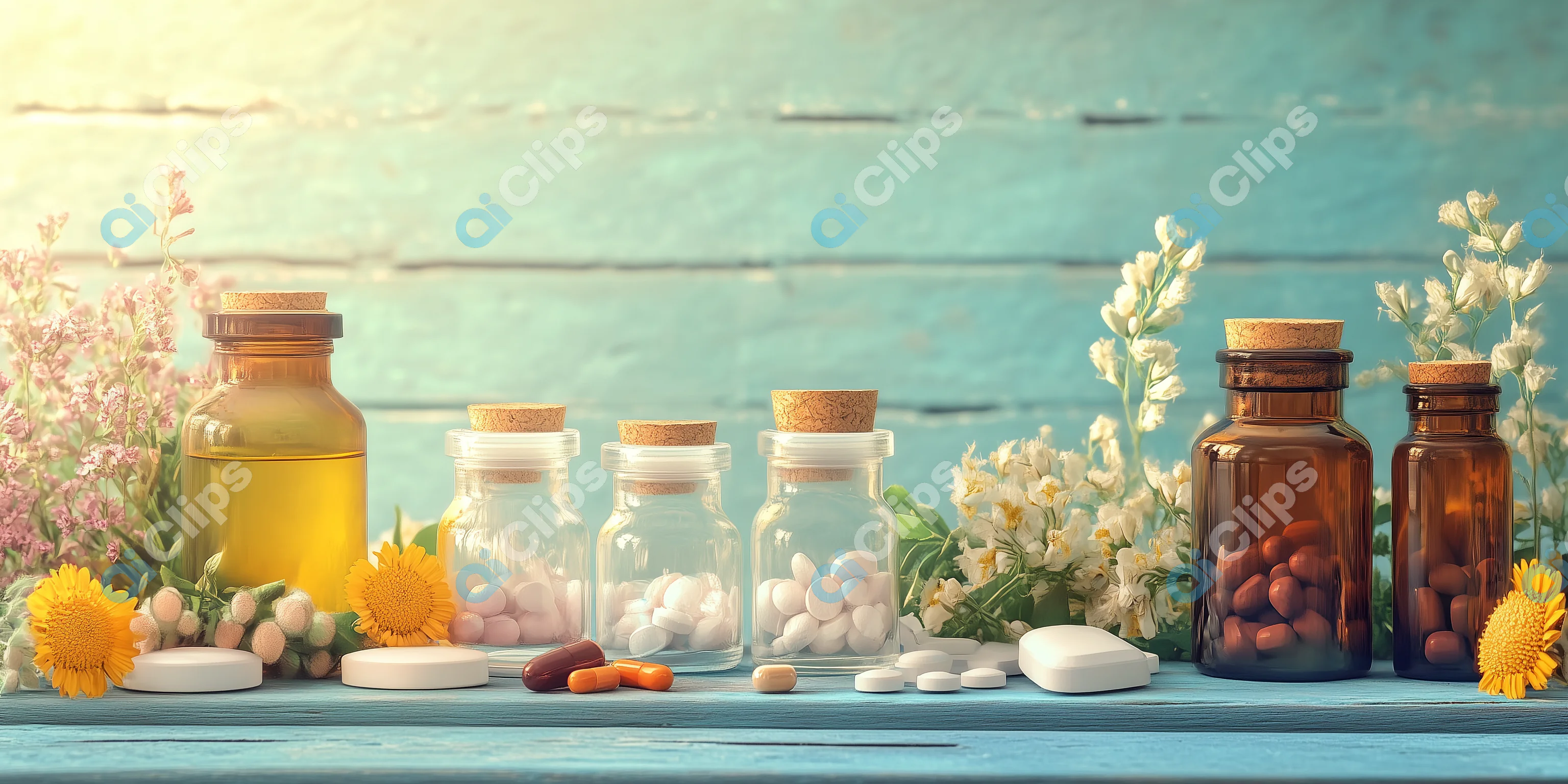 Herbal Medicine Bottles with Flowers