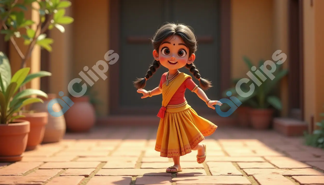 Happy Village Girl in Courtyard - 3D Traditional Life Illustration
