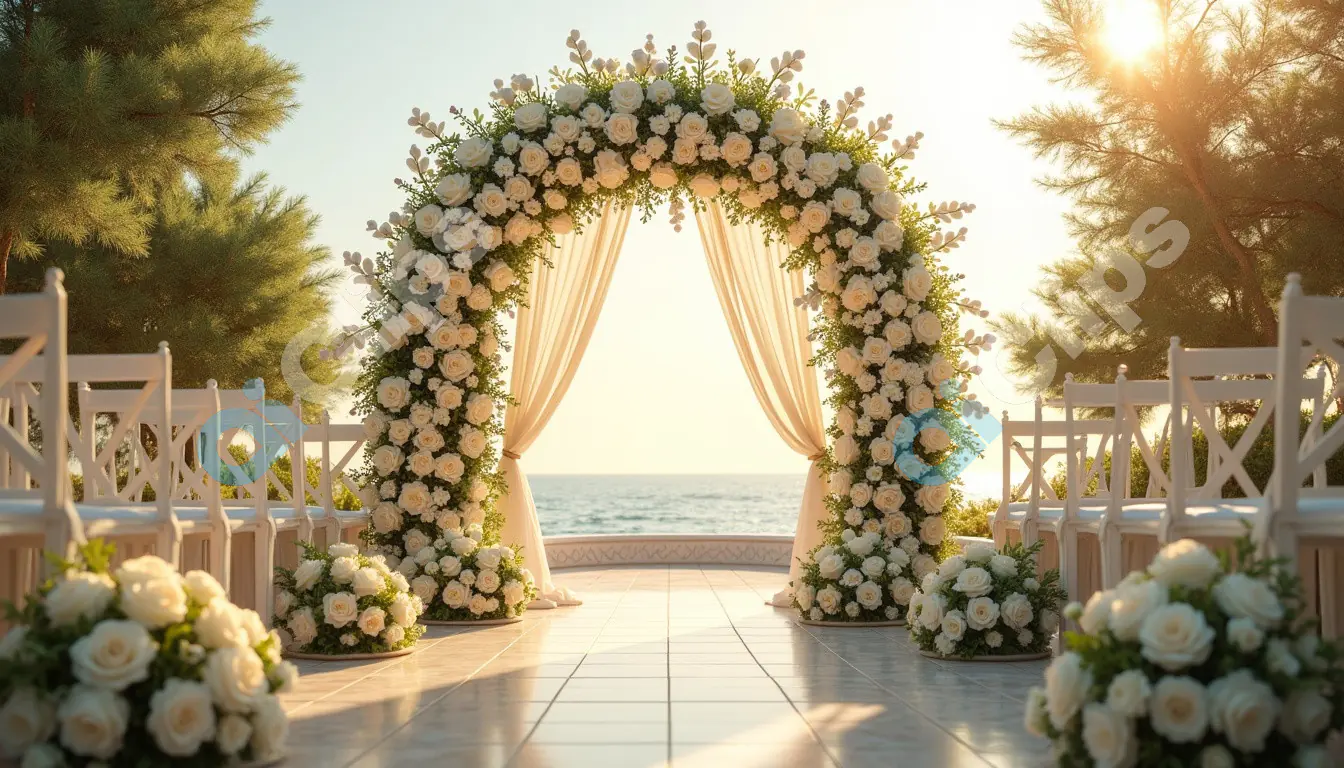 Luxurious Floral Wedding Arch Overlooking the Ocean