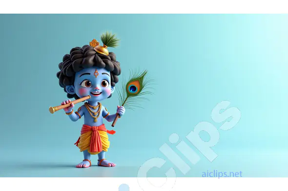 "Playful Little Krishna with Flute and Peacock Feather - 3D Illustration"