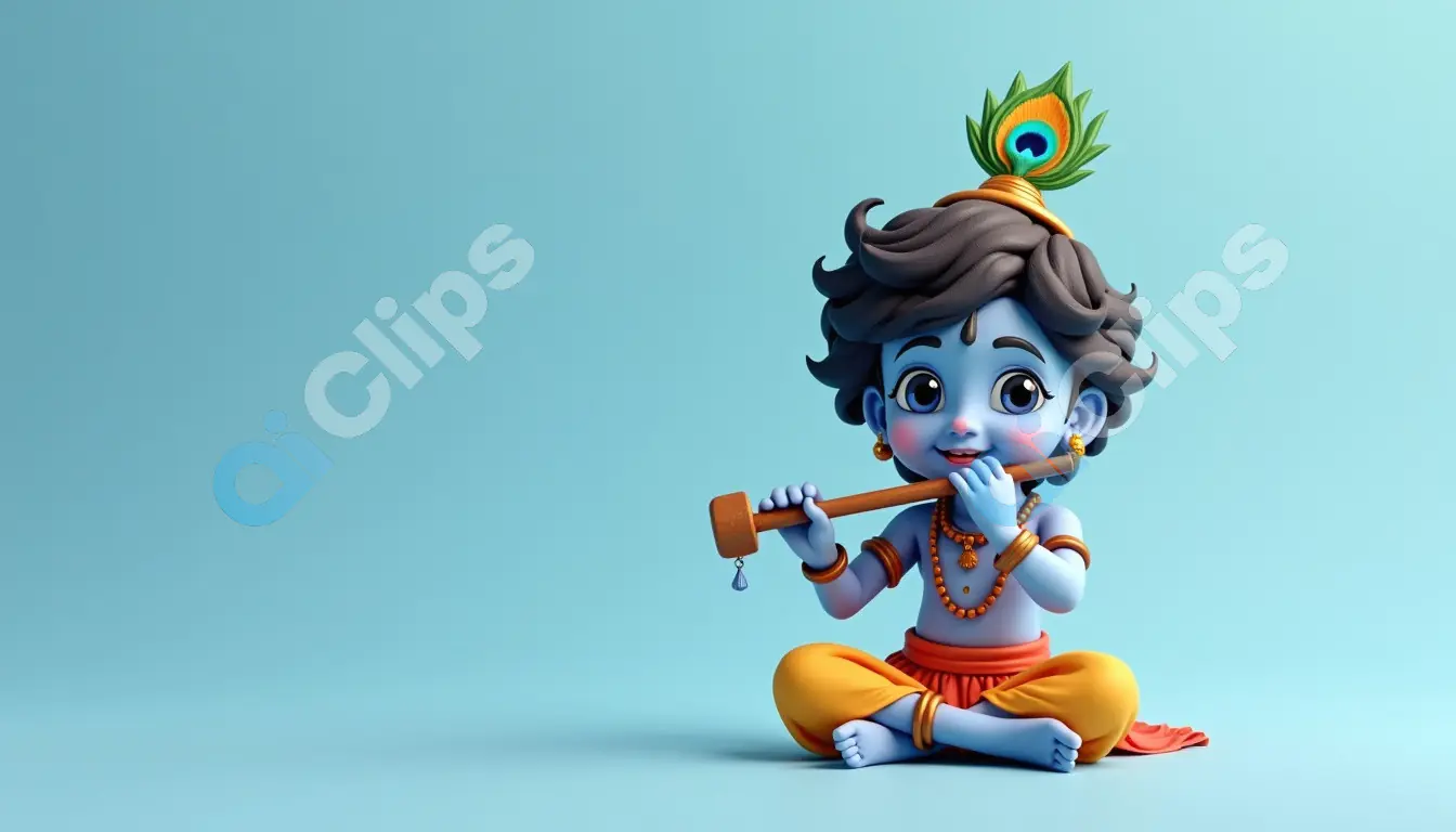 Playful Cartoon Krishna with Flute and Peacock Feather