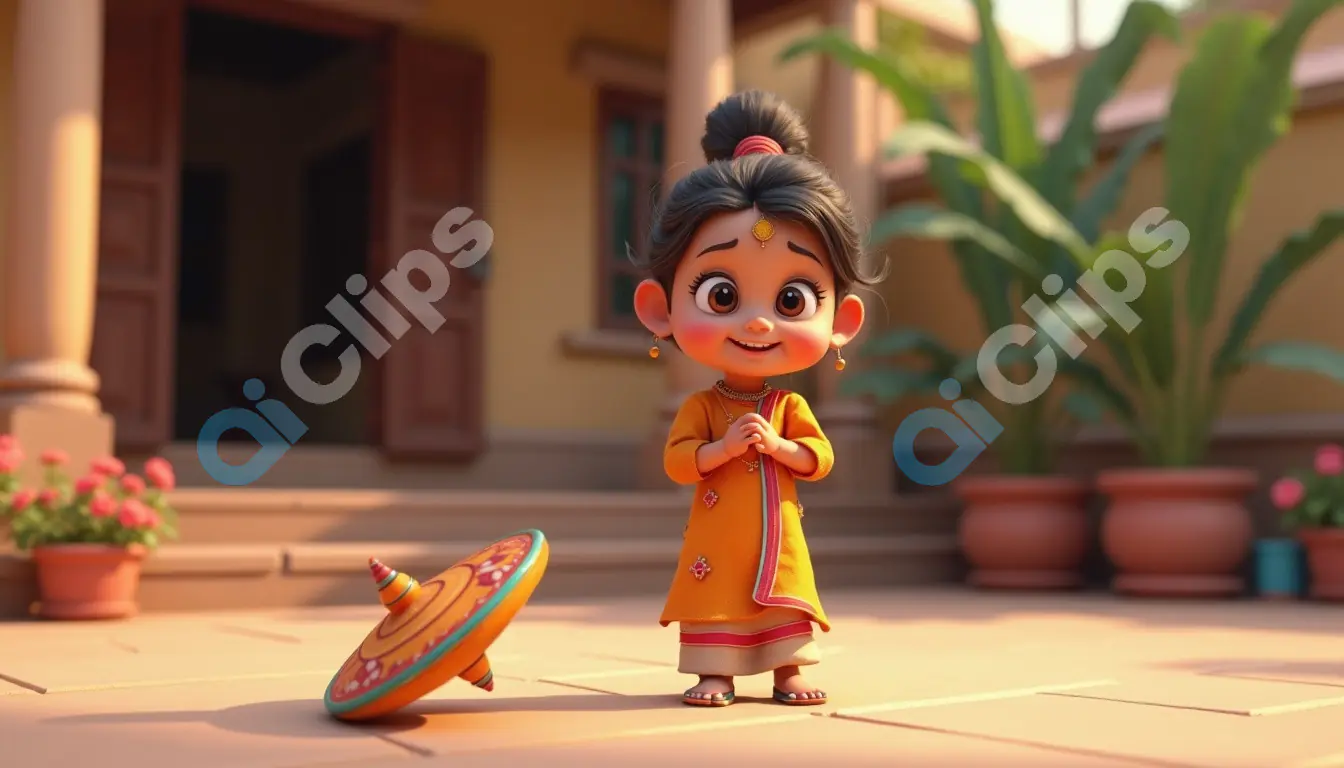Smiling Village Girl with Spinning Top - 3D Traditional Toy Illustration