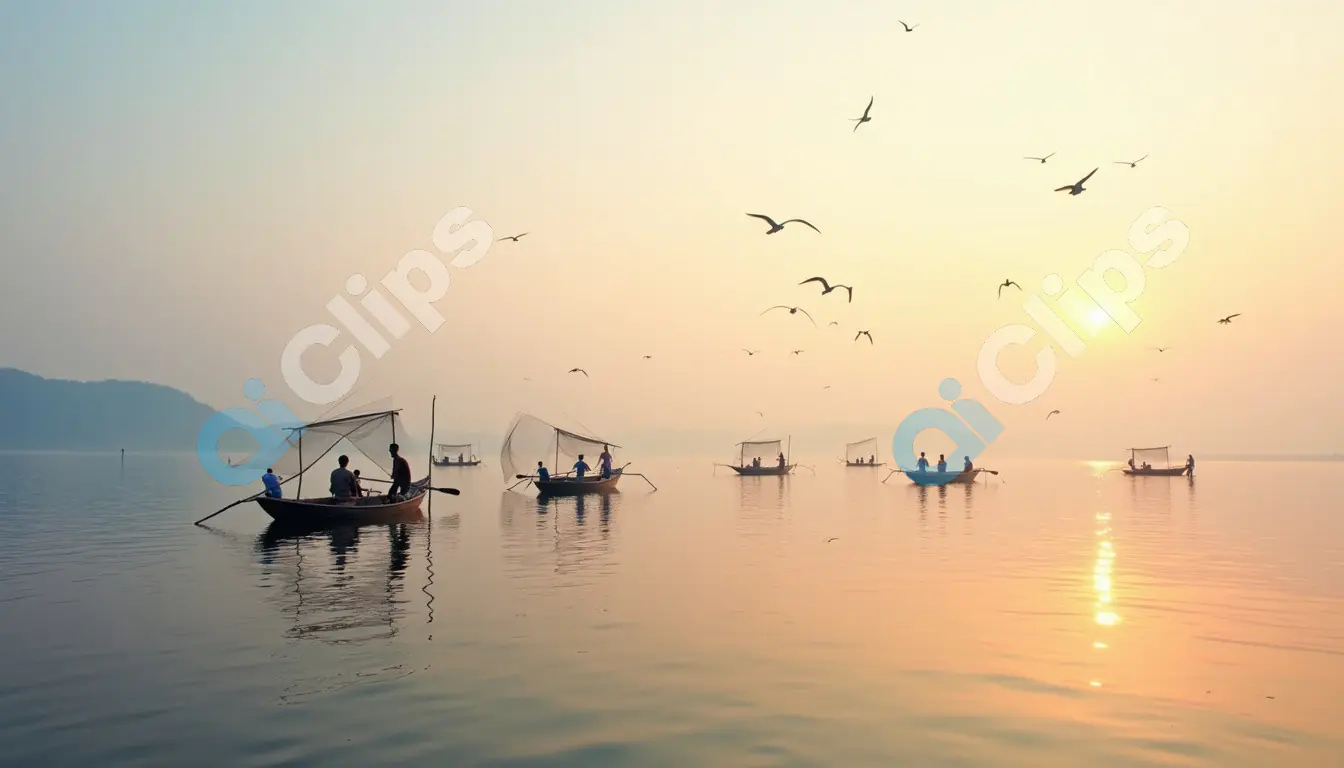 Group of Fishermen on a Calm Lake at Sunrise