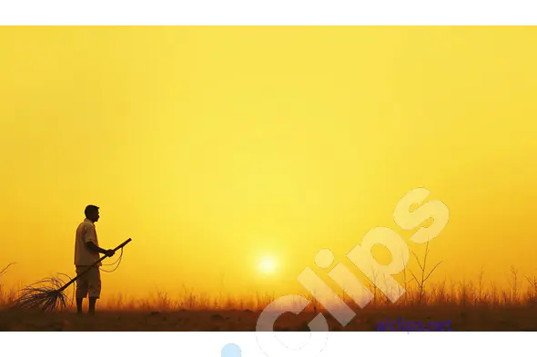 Indian Farmer at Sunrise with Traditional Tool