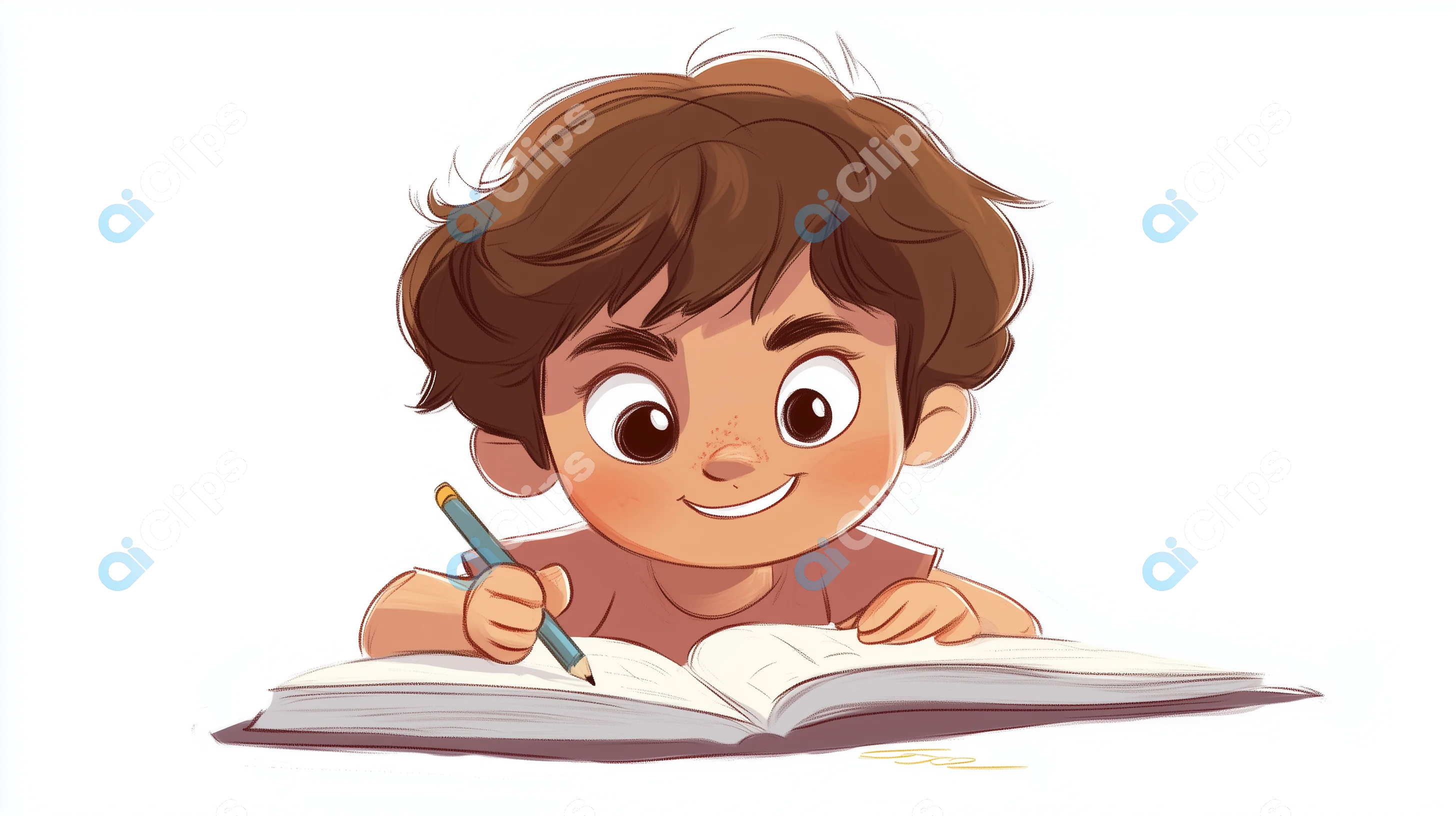 Happy Boy Drawing in Notebook