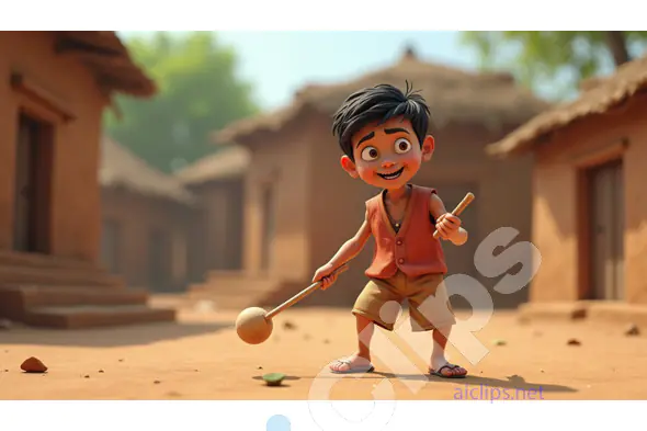 Village Boy Playing with Traditional Toy - 3D Rural Life Illustration