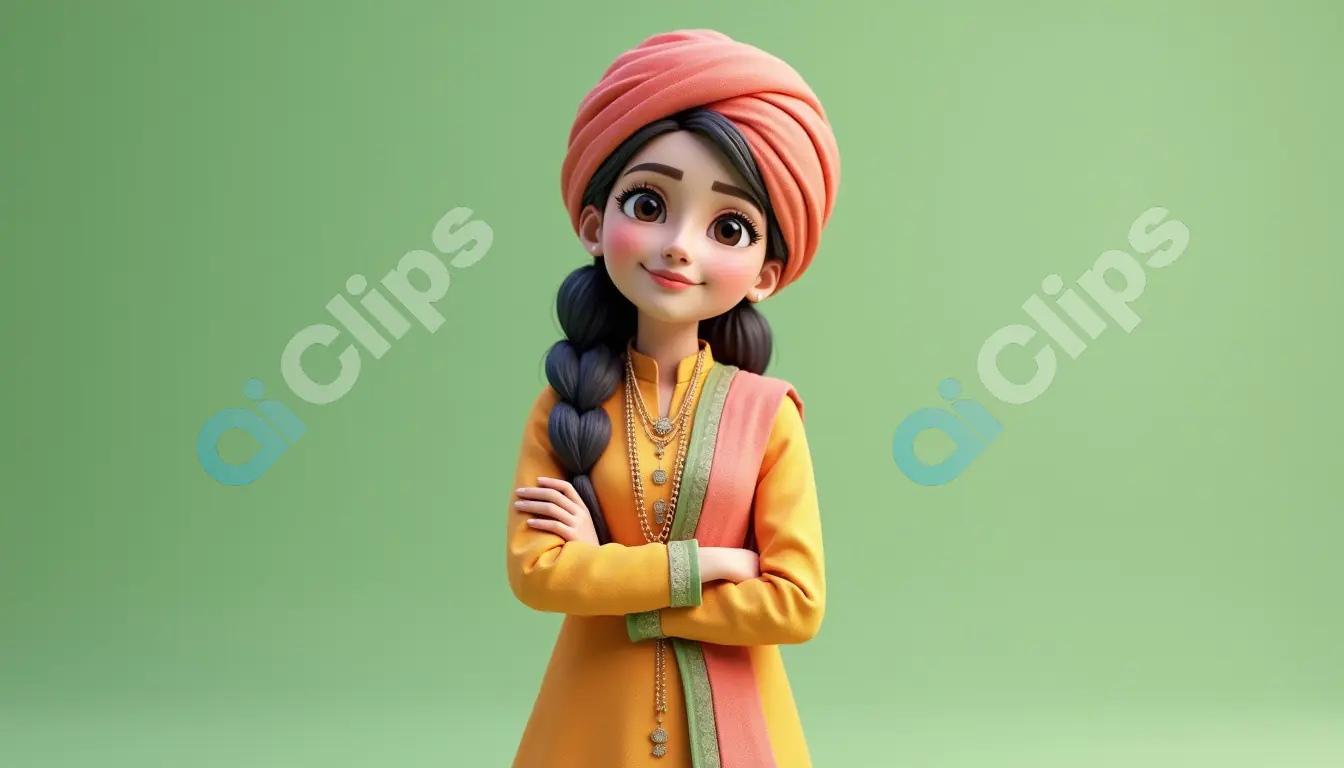 Confident Sikh Girl in Traditional Turban - 3D Character Illustration