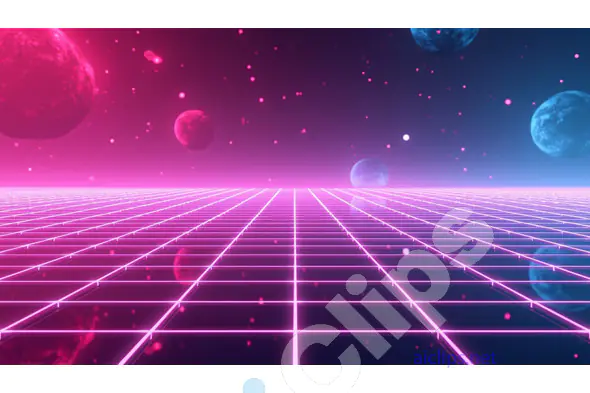 Retro-Futuristic Neon Grid with Floating Planets