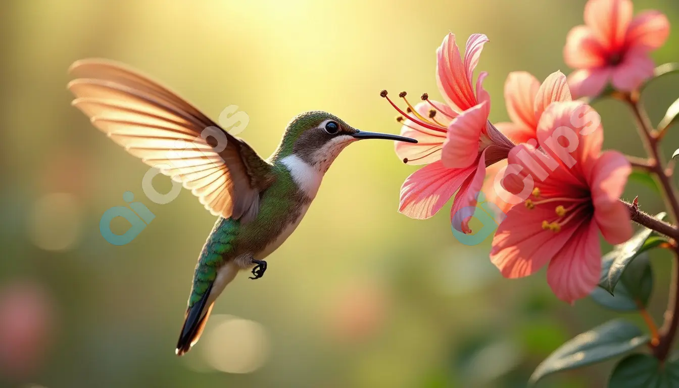Hummingbird Feeding on Pink Flowers in Golden Light