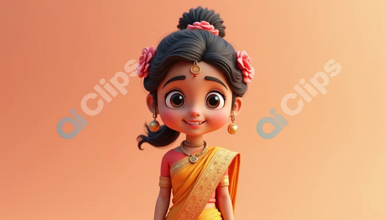 Charming Cartoon Indian Girl in Traditional Sari with Flowers