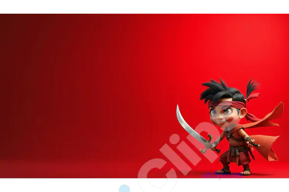 Animated Ninja Kid with Sword on Red Background
