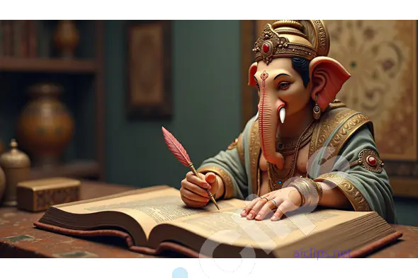 Lord Ganesha Writing with a Quill – Symbol of Knowledge and Wisdom