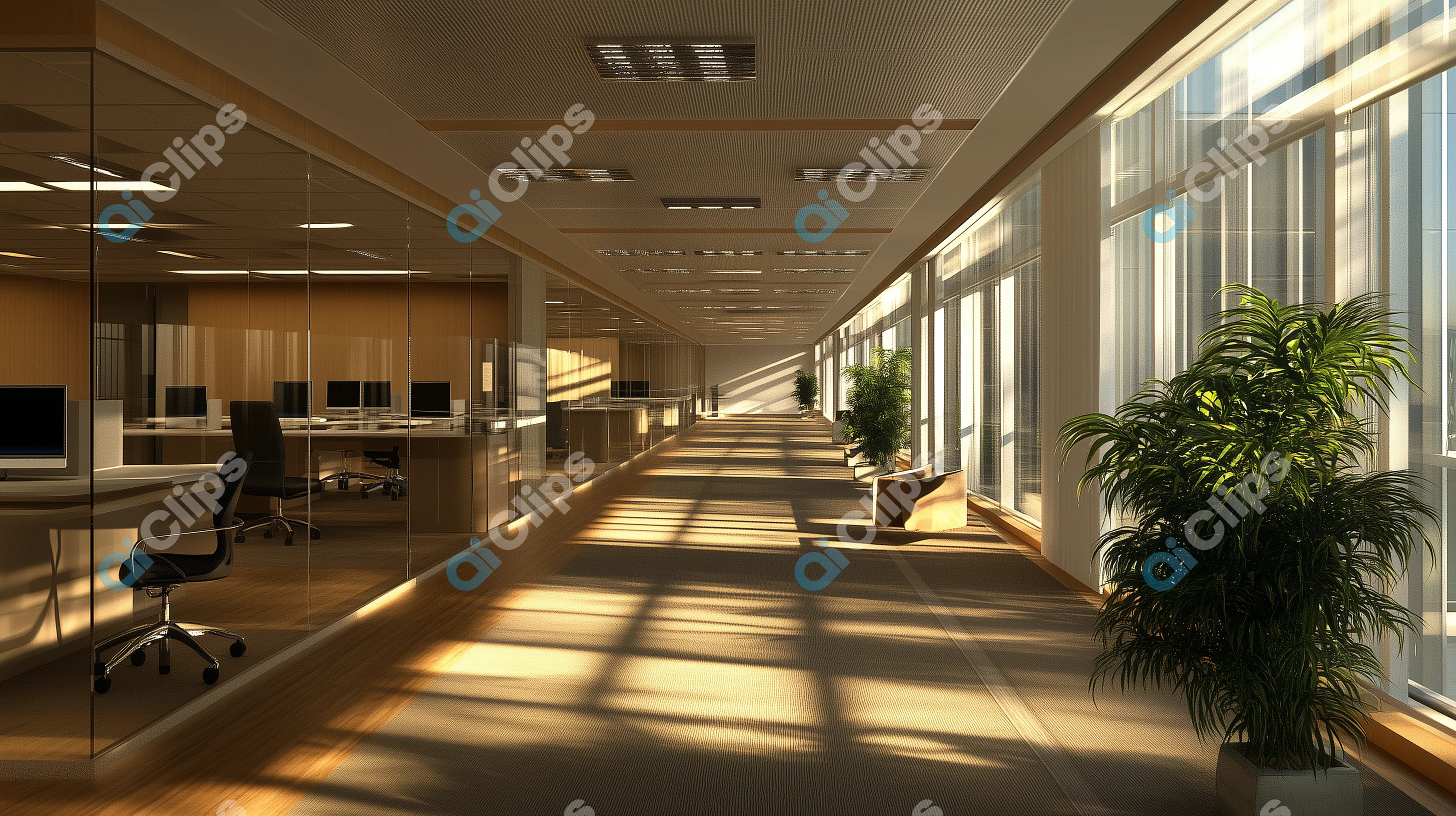Modern Office Hallway with Glass Walls