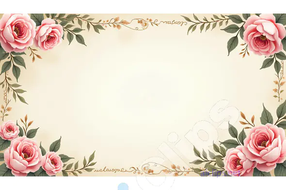 Vintage Floral Frame with Pink Roses and Golden Accents