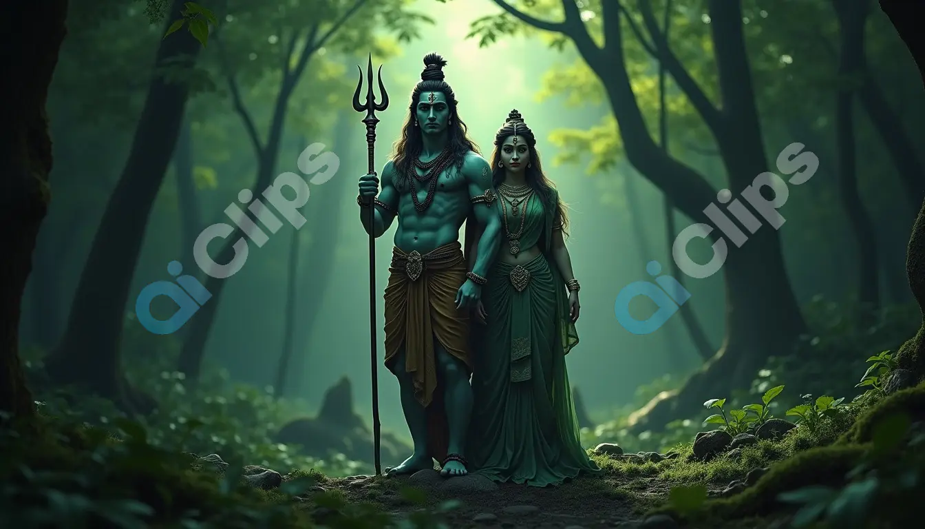 Lord Shiva and Parvati in a Serene Forest