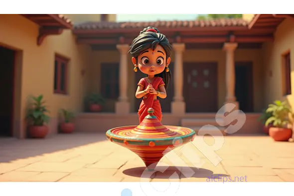 Curious Village Girl with Spinning Top - 3D Traditional Toy Illustration