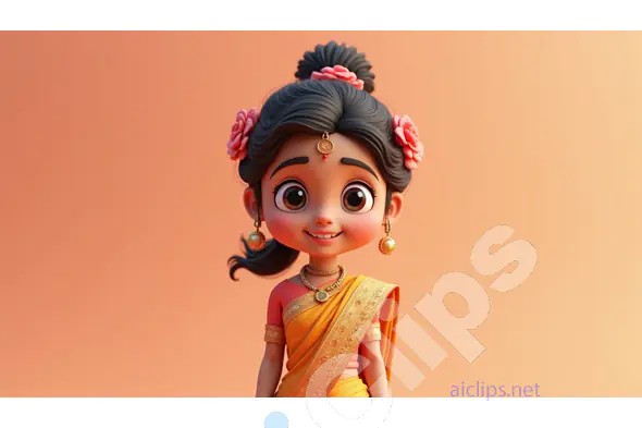 Charming Cartoon Indian Girl in Traditional Sari with Flowers