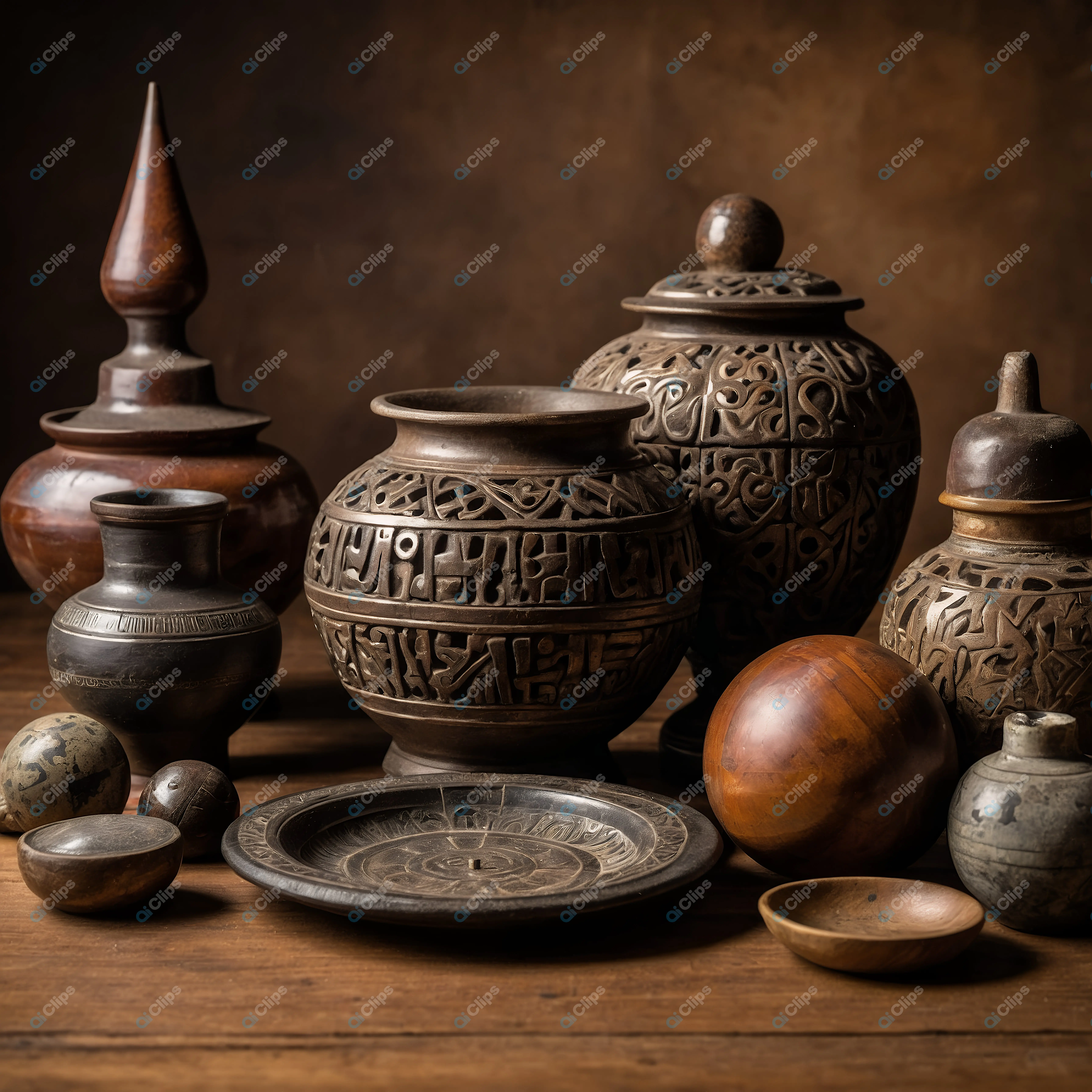 Antique Clay and Wood Pottery Collection