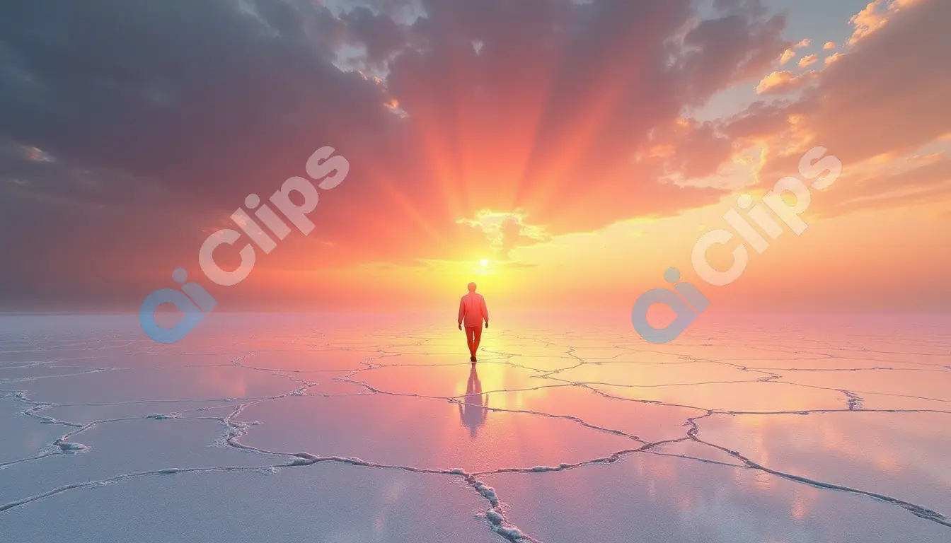 Solitary Figure Walking Toward a Radiant Sunset Over a Cracked Salt Plain
