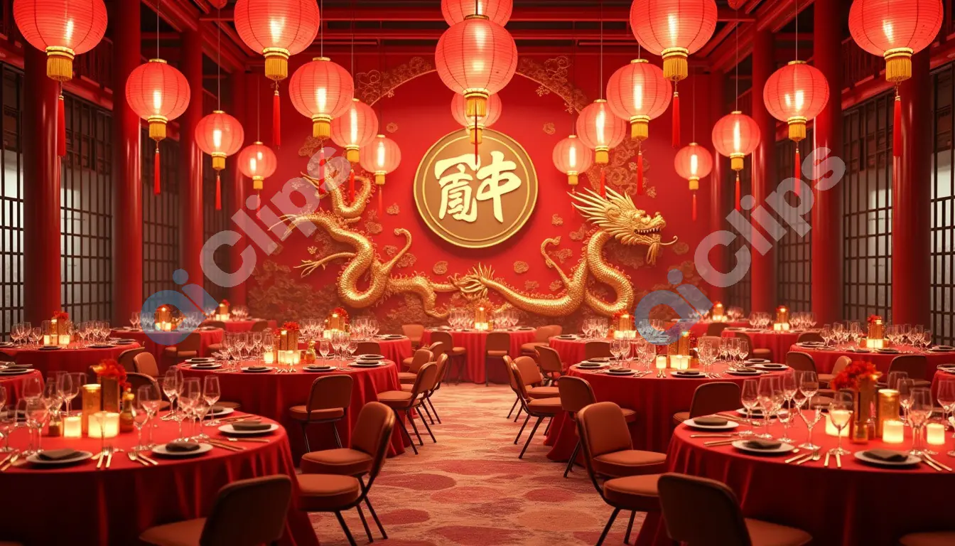 Elegant Chinese New Year Banquet Hall with Red Lanterns and Golden Dragon