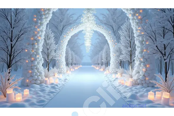 Winter Wonderland Event Hall with Snowy Decorations and Elegant Lightings