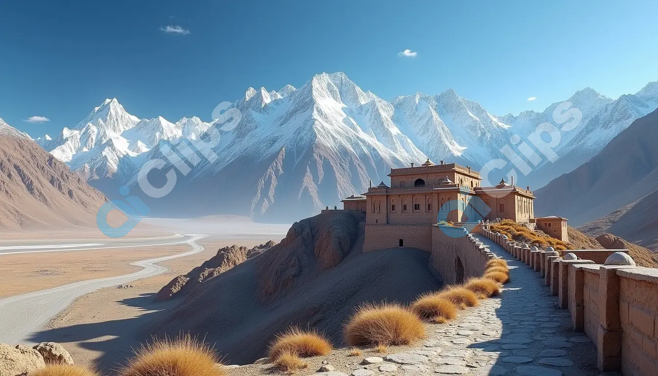 Ancient Mountain Monastery Overlooking Snow-Capped Peaks